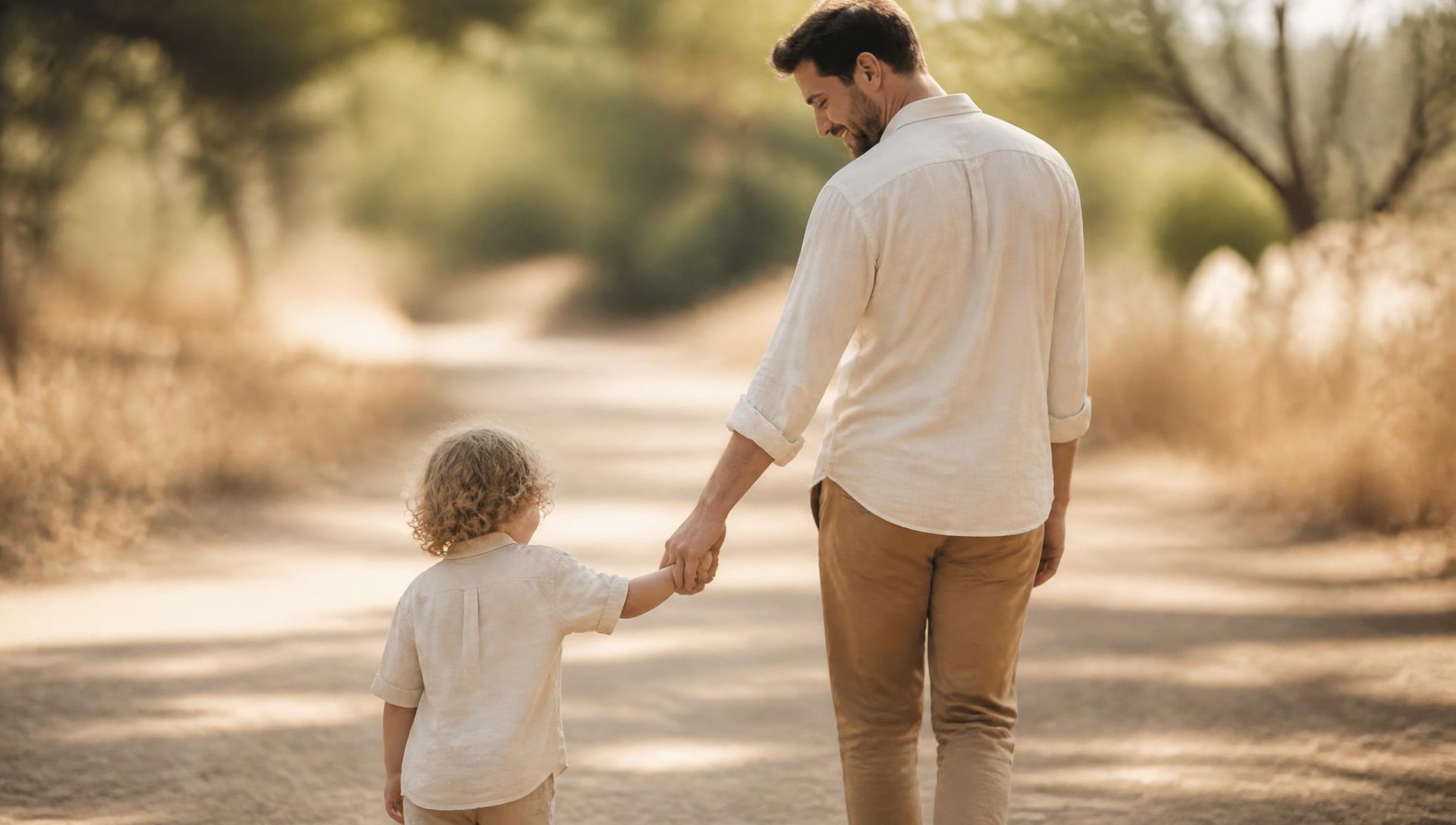 Father and child walking together on a sunlit path