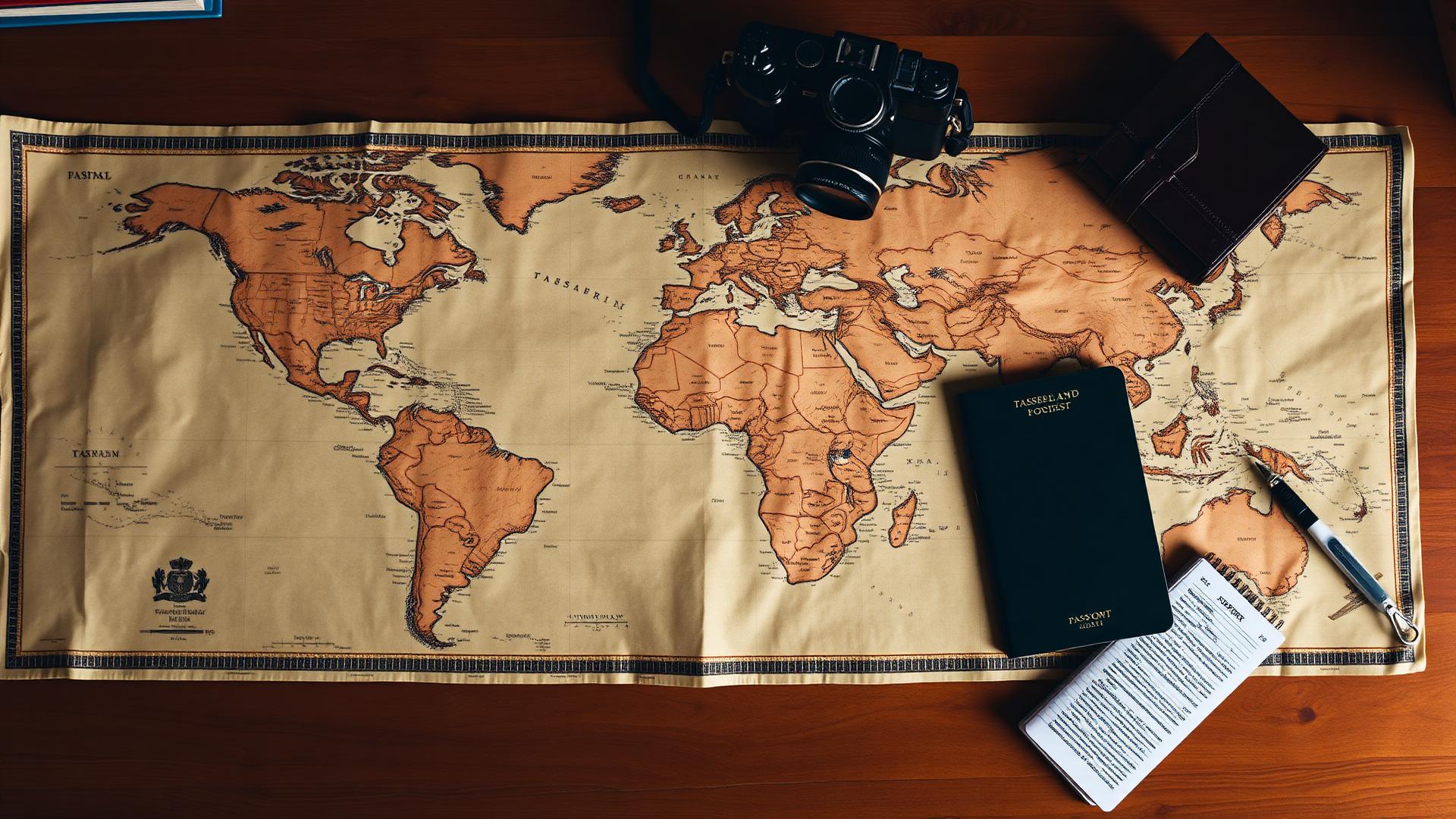 World map with vintage camera, passport and travel journal