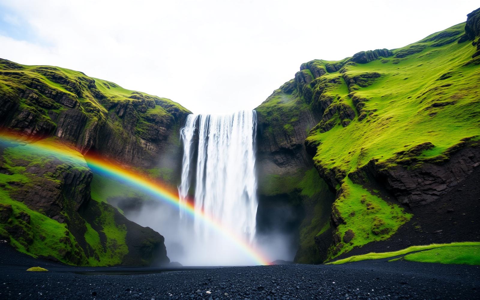 Skogafoss waterfall in Iceland with a bright rainbow arching across the base