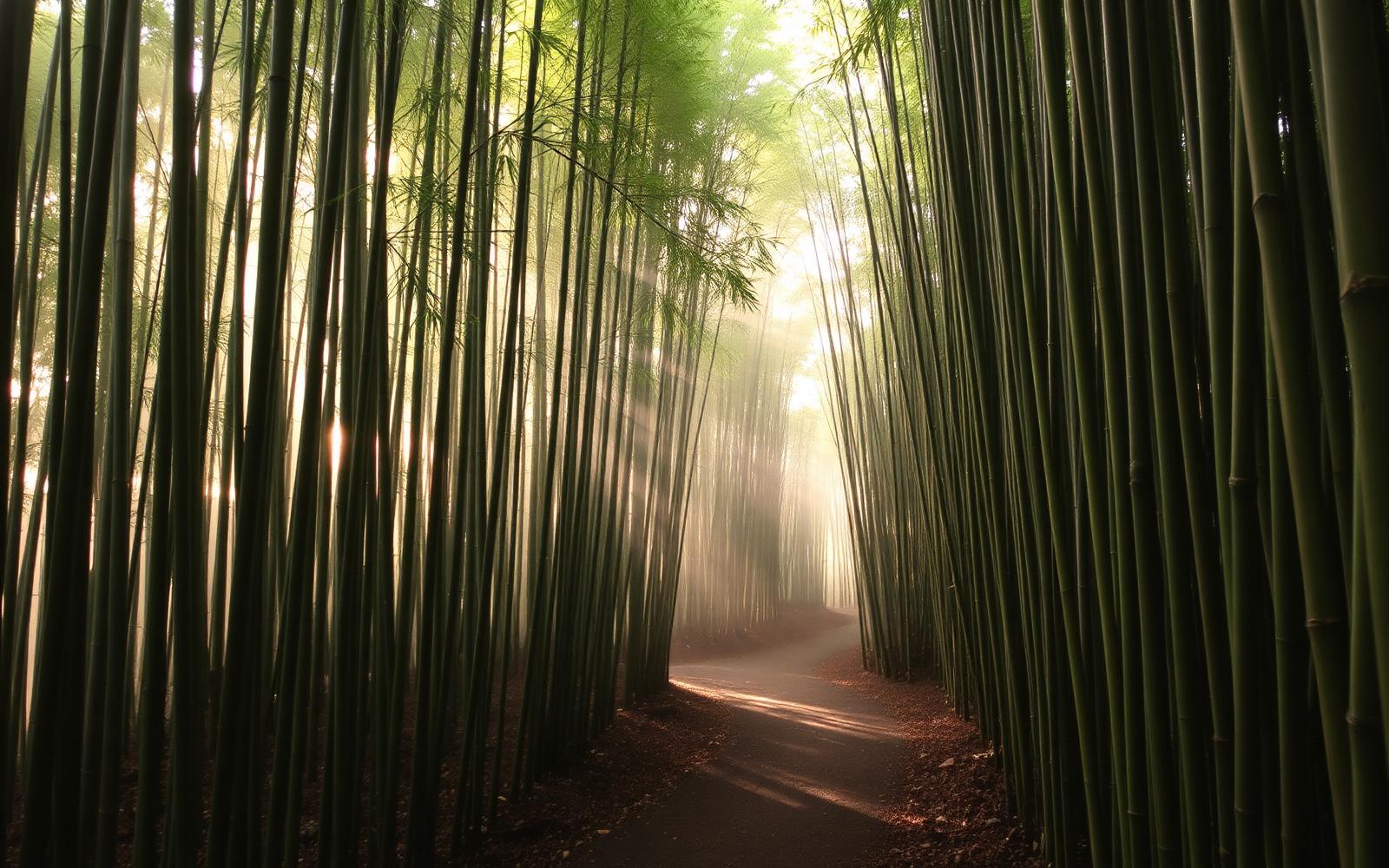 Sunlight filtering through tall bamboo in Arashiyama at dawn